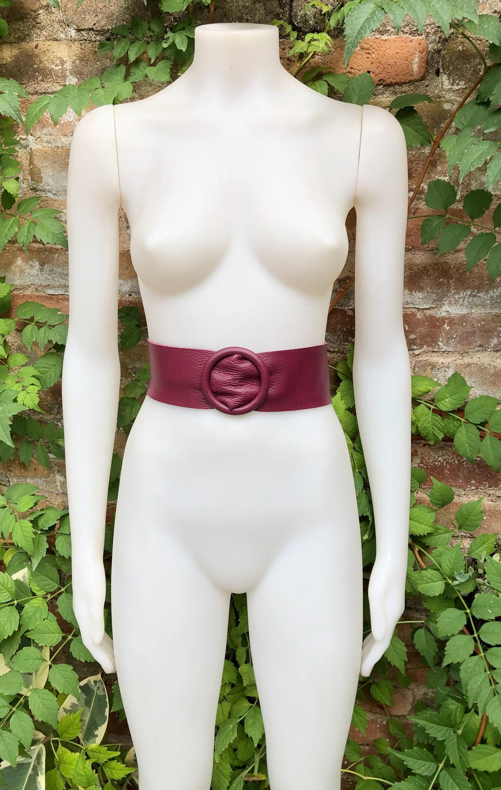BURGUNDY leather waist belt with large round buckle. Soft leather belt. Genuine leather terracotta-burgundy dress belt. Wide waist belt