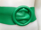 GREEN leather waist belt with large round buckle. Soft leather belt in bright green. Genuine leather green dress belt. Wide waist belt