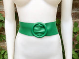 GREEN leather waist belt with large round buckle. Soft leather belt in bright green. Genuine leather green dress belt. Wide waist belt