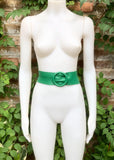 GREEN leather waist belt with large round buckle. Soft leather belt in bright green. Genuine leather green dress belt. Wide waist belt