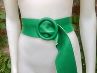 GREEN leather waist belt with large round buckle. Soft leather belt in bright green. Genuine leather green dress belt. Wide waist belt