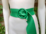 GREEN leather waist belt with large round buckle. Soft leather belt in bright green. Genuine leather green dress belt. Wide waist belt