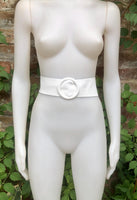 White leather waist belt with large round buckle. Soft leather belt in white. Genuine leather dress belt. White wide waist belt