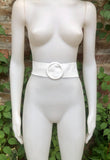 White leather waist belt with large round buckle. Soft leather belt in white. Genuine leather dress belt. White wide waist belt