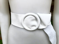 White leather waist belt with large round buckle. Soft leather belt in white. Genuine leather dress belt. White wide waist belt