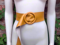 Yellow leather waist belt with large round buckle. Soft leather belt in mustard. Genuine leather dress belt. Mustard yellow wide waist belt