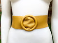 Yellow leather waist belt with large round buckle. Soft leather belt in mustard. Genuine leather dress belt. Mustard yellow wide waist belt