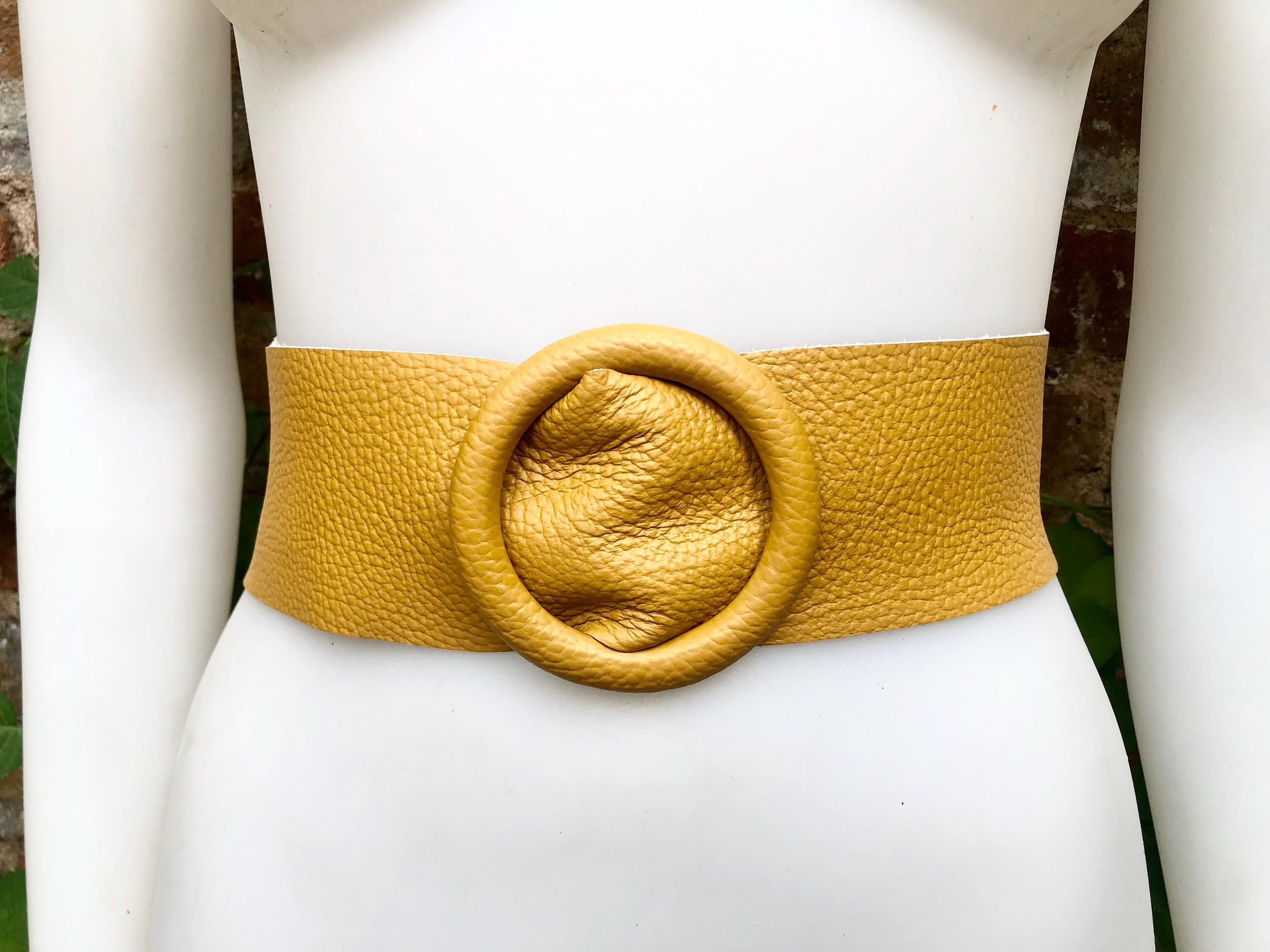 Yellow leather waist belt with large round buckle. Soft leather belt in mustard. Genuine leather dress belt. Mustard yellow wide waist belt