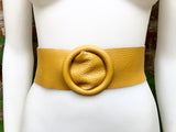 Yellow leather waist belt with large round buckle. Soft leather belt in mustard. Genuine leather dress belt. Mustard yellow wide waist belt