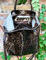 CHEETAH print tote leather bag. Genuine leather shopper. Large leopard bag for your laptop, books. Glossy animal print soft leather purse.