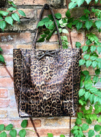 CHEETAH print tote leather bag. Genuine leather shopper. Large leopard bag for your laptop, books. Glossy animal print soft leather purse.