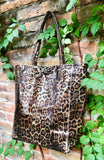 CHEETAH print tote leather bag. Genuine leather shopper. Large leopard bag for your laptop, books. Glossy animal print soft leather purse.