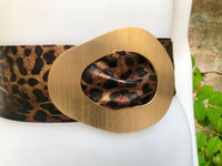 CHEETAH print metallic leather waist belt.Large metal buckle in gold. Leopard genuine leather belt. Boho animal print waist /dress wide belt