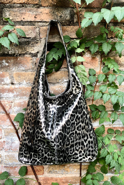 CHEETAH print slouch bag. Leopard print genuine leather bag with ZIPPER. Dark silver metallic leather. Animal print genuine leather purse.