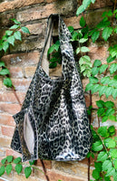 CHEETAH print slouch bag. Leopard print genuine leather bag with ZIPPER. Dark silver metallic leather. Animal print genuine leather purse.