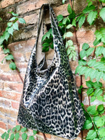 CHEETAH print slouch bag. Leopard print genuine leather bag with ZIPPER. Dark silver metallic leather. Animal print genuine leather purse.