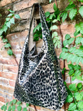 CHEETAH print slouch bag. Leopard print genuine leather bag with ZIPPER. Dark silver metallic leather. Animal print genuine leather purse.