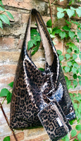 CHEETAH print slouch bag.Leopard print genuine leather bag with ZIPPER. Bronze metallic leather. Animal print genuine leather purse. Panther