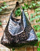 CHEETAH print slouch bag.Leopard print genuine leather bag with ZIPPER. Bronze metallic leather. Animal print genuine leather purse. Panther