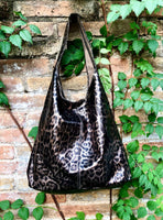 CHEETAH print slouch bag.Leopard print genuine leather bag with ZIPPER. Bronze metallic leather. Animal print genuine leather purse. Panther