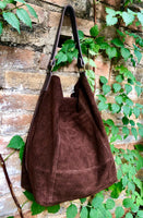 Slouch leather bag in dark brown. Brown suede hobo shoulder bag. Boho bag. Book or tablet bags in suede. BROWN suede purse. Leather shopper