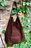 Slouch leather bag in dark brown. Brown suede hobo shoulder bag. Boho bag. Book or tablet bags in suede. BROWN suede purse. Leather shopper