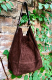 Slouch leather bag in dark brown. Brown suede hobo shoulder bag. Boho bag. Book or tablet bags in suede. BROWN suede purse. Leather shopper