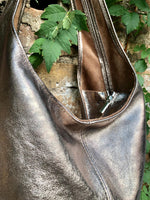 Slouch bag. Tote leather bag in BRONZE with ZIPPER.Soft natural glitter genuine leather. BRONZE leather purse. Metallic leather shoulder bag