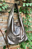 Slouch bag. Tote leather bag in BRONZE with ZIPPER.Soft natural glitter genuine leather. BRONZE leather purse. Metallic leather shoulder bag