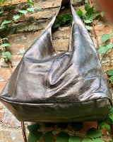 Slouch bag. Tote leather bag in BRONZE with ZIPPER.Soft natural glitter genuine leather. BRONZE leather purse. Metallic leather shoulder bag