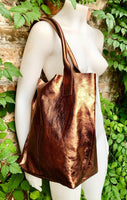 Shoulder leather bag in COPPER. GENUINE leather shopper bag.Large carry all bag for your laptop, books. Metallic effect COPPER leather purse