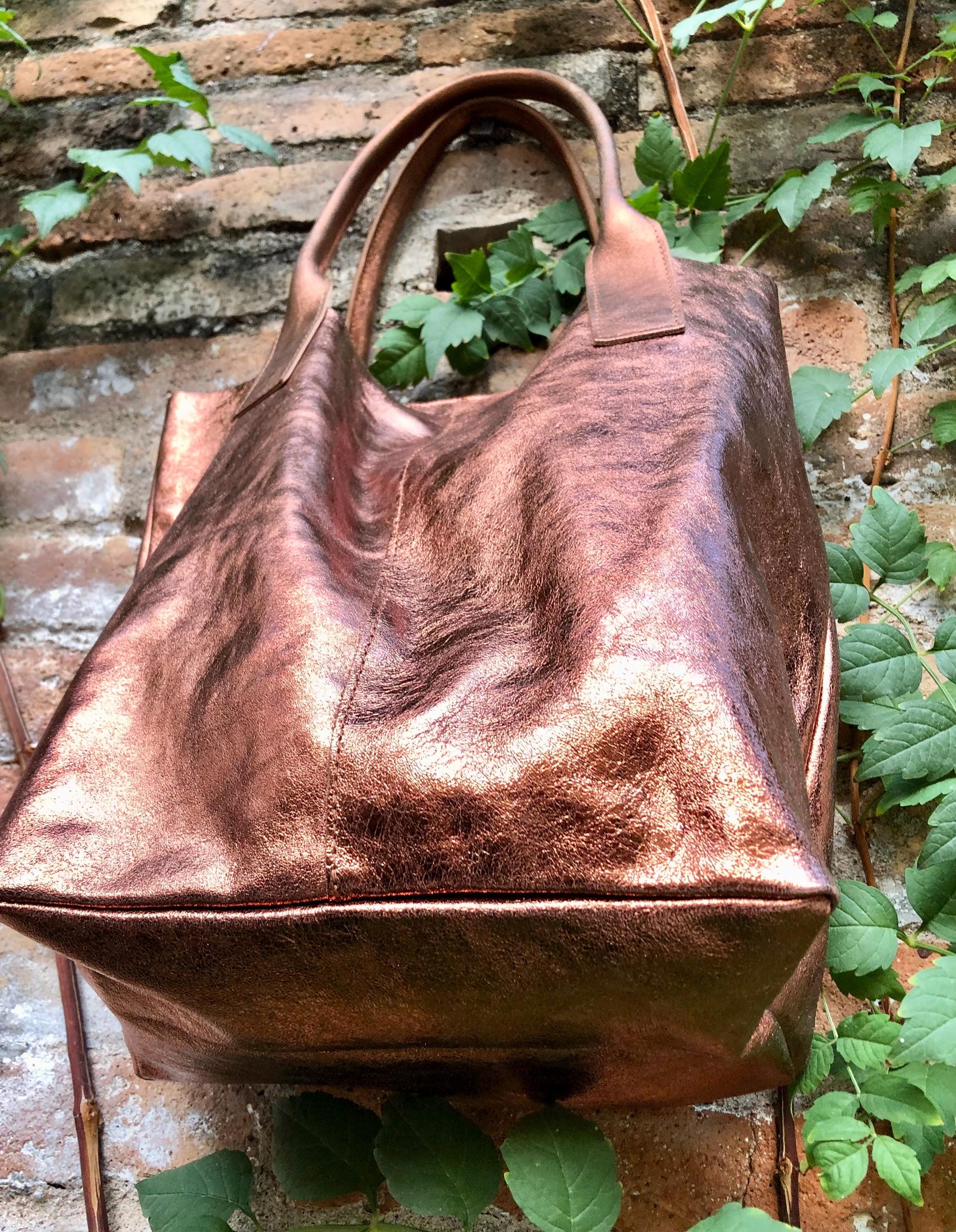 Shoulder leather bag in COPPER. GENUINE leather shopper bag.Large carry all bag for your laptop, books. Metallic effect COPPER leather purse