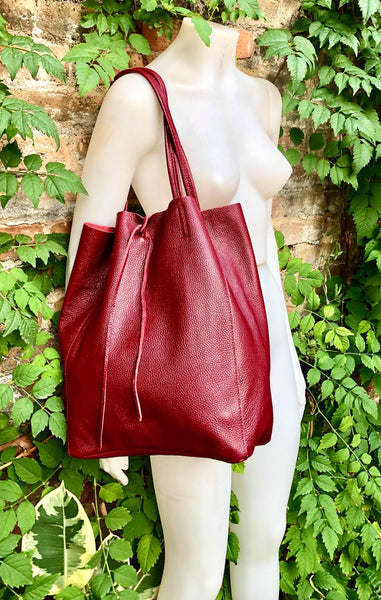 Tote leather bag in burgundy. Leather shopper in dark red. Natural GENUINE leather. Large burgundy purse for your laptop, books...