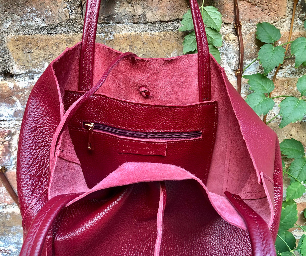 Tote leather bag in burgundy. Leather shopper in dark red. Natural GENUINE leather. Large burgundy purse for your laptop, books...