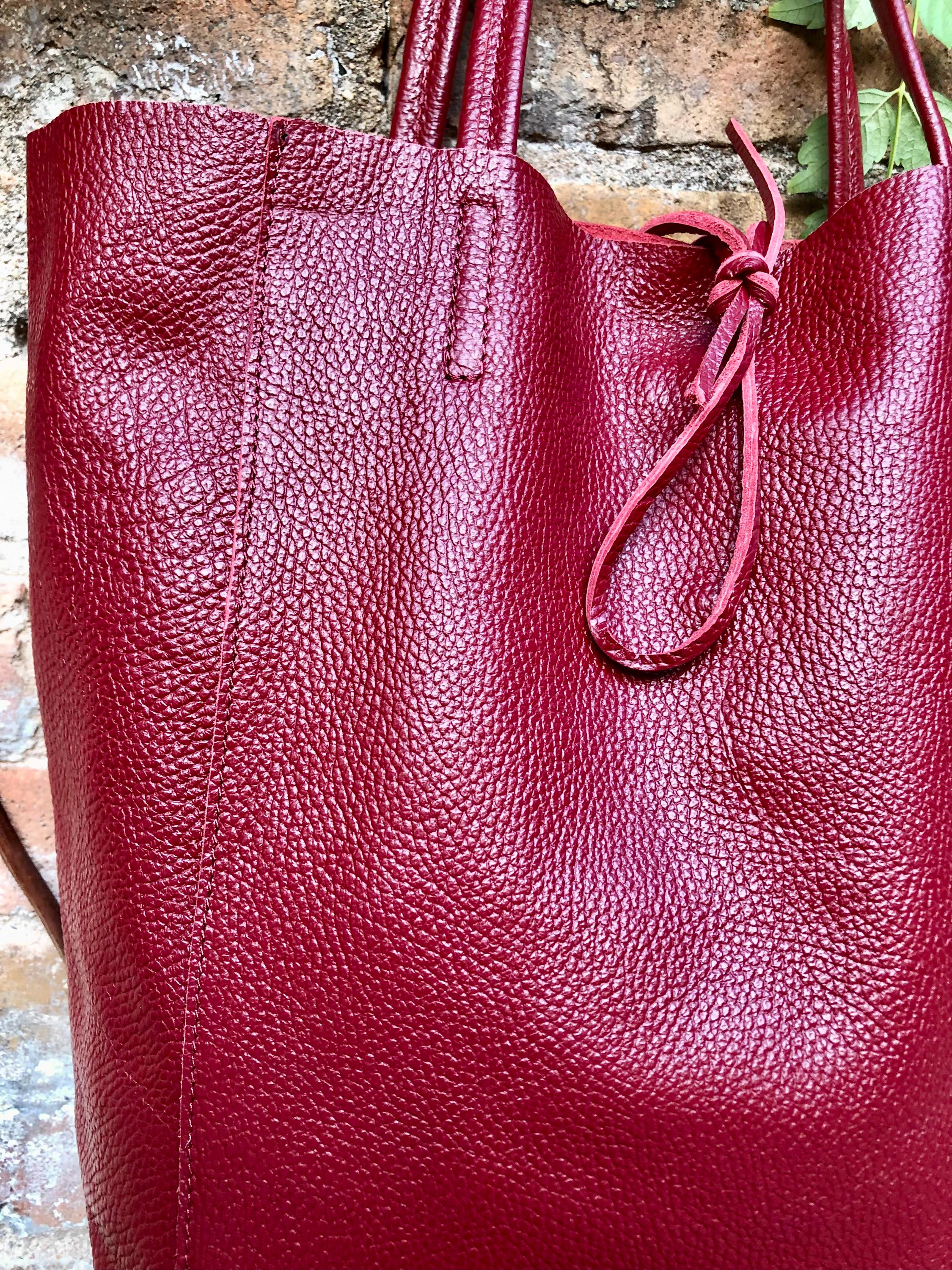 Tote leather bag in burgundy. Leather shopper in dark red. Natural GENUINE leather. Large burgundy purse for your laptop, books...