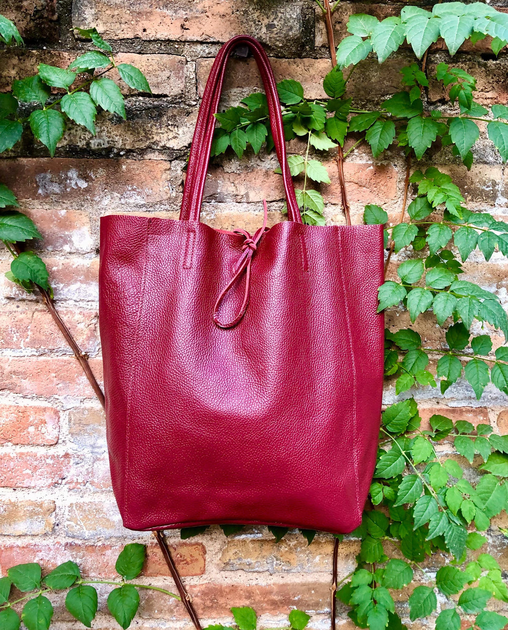 Tote leather bag in burgundy. Leather shopper in dark red. Natural GENUINE leather. Large burgundy purse for your laptop, books...