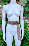 Light brown suede waist belt with large round buckle. Boho soft suede wide belt. Genuine suede taupe color leather. Dark greyge dress belt