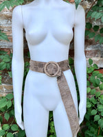 Light brown suede waist belt with large round buckle. Boho soft suede wide belt. Genuine suede taupe color leather. Dark greyge dress belt