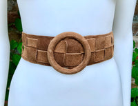 Camel brown suede waist belt with large round buckle. Boho soft suede wide belt. Genuine suede tan brown leather. Caramel brown dress belt