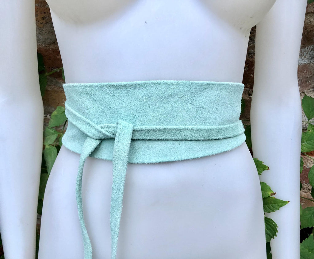 Aqua green suede OBI belt. Light green natural soft suede waist belt. Light mint green boho belt, green wraparound genuine leather belt.