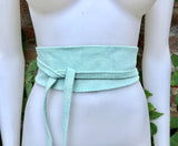 Aqua green suede OBI belt. Light green natural soft suede waist belt. Light mint green boho belt, green wraparound genuine leather belt.