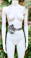 Flower leather belt in SILVER. Waist, overall or dress belt. Genuine leather. SILVER rose belt. Large SILVER flower.