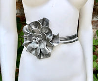 Flower leather belt in SILVER. Waist, overall or dress belt. Genuine leather. SILVER rose belt. Large SILVER flower.