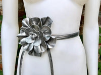 Flower leather belt in SILVER. Waist, overall or dress belt. Genuine leather. SILVER rose belt. Large SILVER flower.