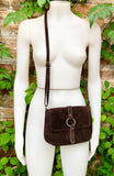 Dark BROWN suede bag. Genuine leather chocolate crossbody bag. Small leather bag with adjustable strap and zipper. Dark brown suede purse.