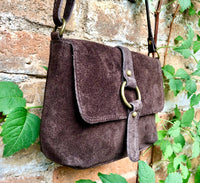 Dark BROWN suede bag. Genuine leather chocolate crossbody bag. Small leather bag with adjustable strap and zipper. Dark brown suede purse.