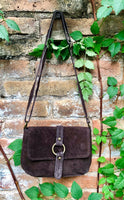 Dark BROWN suede bag. Genuine leather chocolate crossbody bag. Small leather bag with adjustable strap and zipper. Dark brown suede purse.