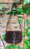 Dark BROWN suede bag. Genuine leather chocolate crossbody bag. Small leather bag with adjustable strap and zipper. Dark brown suede purse.