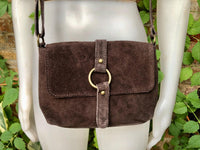 Dark BROWN suede bag. Genuine leather chocolate crossbody bag. Small leather bag with adjustable strap and zipper. Dark brown suede purse.