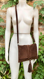 Brown suede crossbody bag.Boho leather bag in dark brown genuine suede leather.Messenger bag with flap, zipper and tassel. Brown suede purse